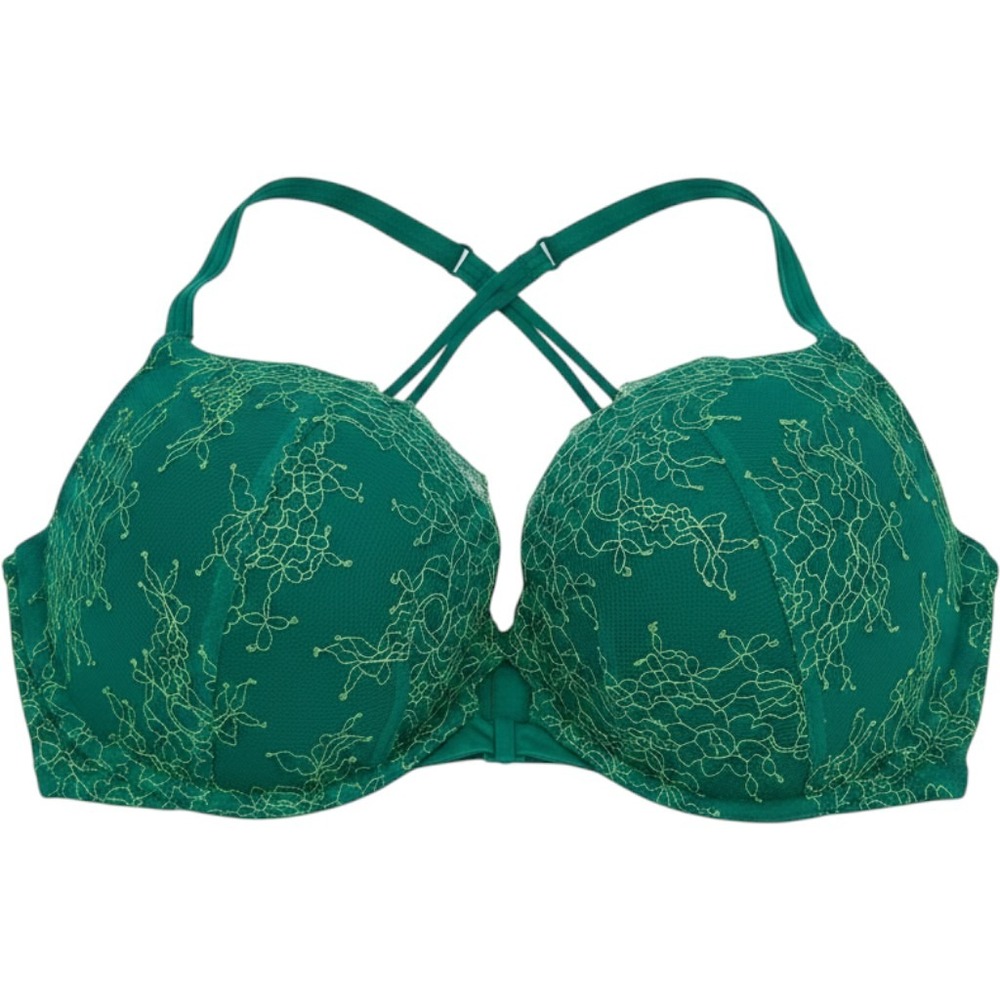 Victoria's Secret Very Sexy Push-Up Bra 36D Teal Green Neon Lace‎ Front Close